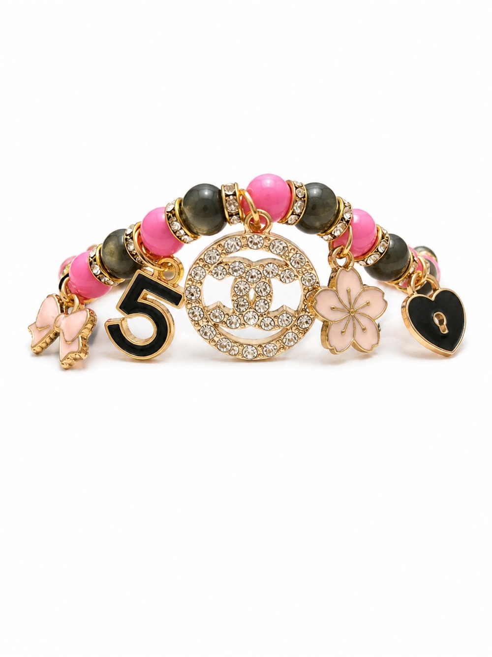 Handmade CC Charmed Pink & Black Beaded Bracelet with Crystal Logo Pendant